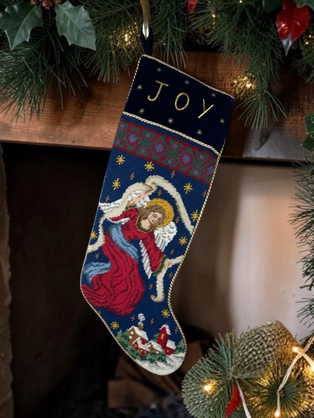 Angel JOY Christmas Stocking Wool Needlepoint Navy Cotton Velvet Gold Trim 20"